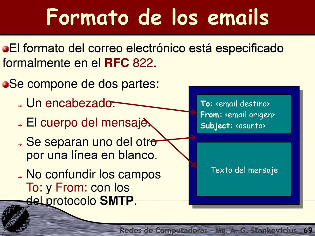Formato de los  s El formato del correo electrónico está especificado formalmente en el RFC 822.