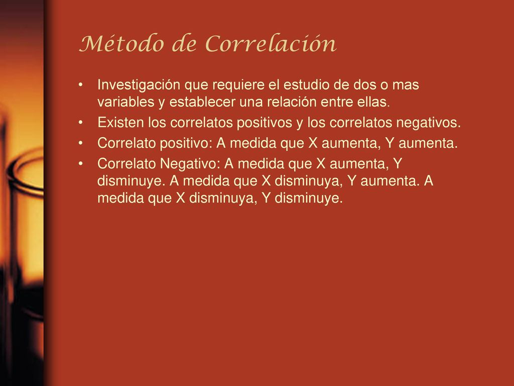 Método de Correlación Investigación que requiere el estudio de dos o mas variables y establecer una relación entre ellas.