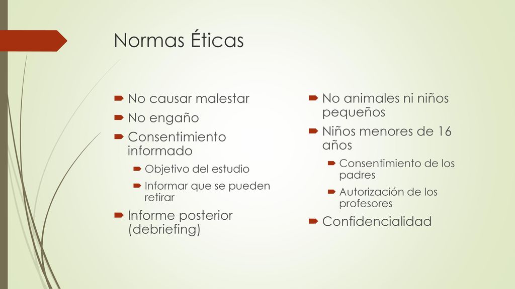 Normas Éticas No causar malestar No animales ni niños pequeños