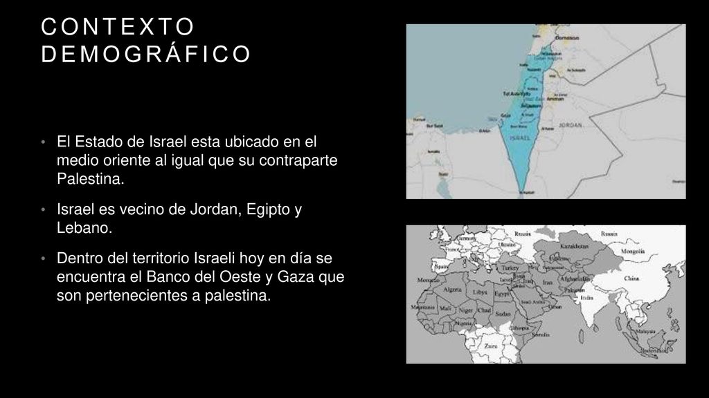 Contexto demográfico El Estado de Israel esta ubicado en el medio oriente al igual que su contraparte Palestina.