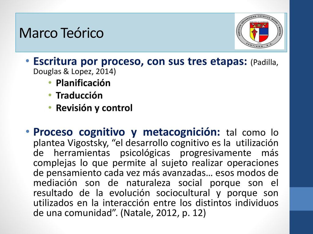 Marco Teórico Escritura por proceso, con sus tres etapas: (Padilla, Douglas & Lopez, 2014) Planificación.