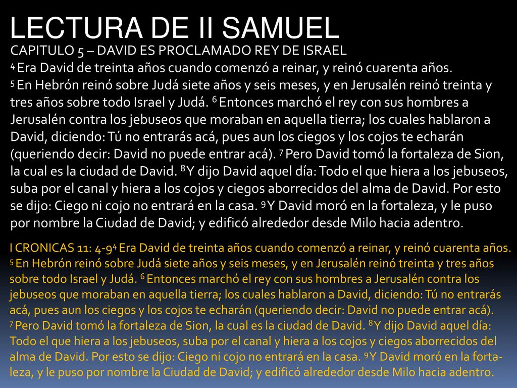 LECTURA DE II SAMUEL CAPITULO 5 – DAVID ES PROCLAMADO REY DE ISRAEL