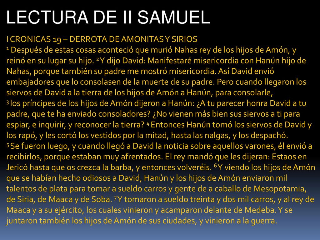 LECTURA DE II SAMUEL I CRONICAS 19 – DERROTA DE AMONITAS Y SIRIOS