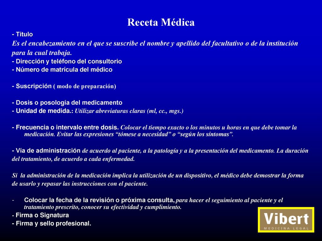 Receta Médica - Título. Es el encabezamiento en el que se suscribe el nombre y apellido del facultativo o de la institución.