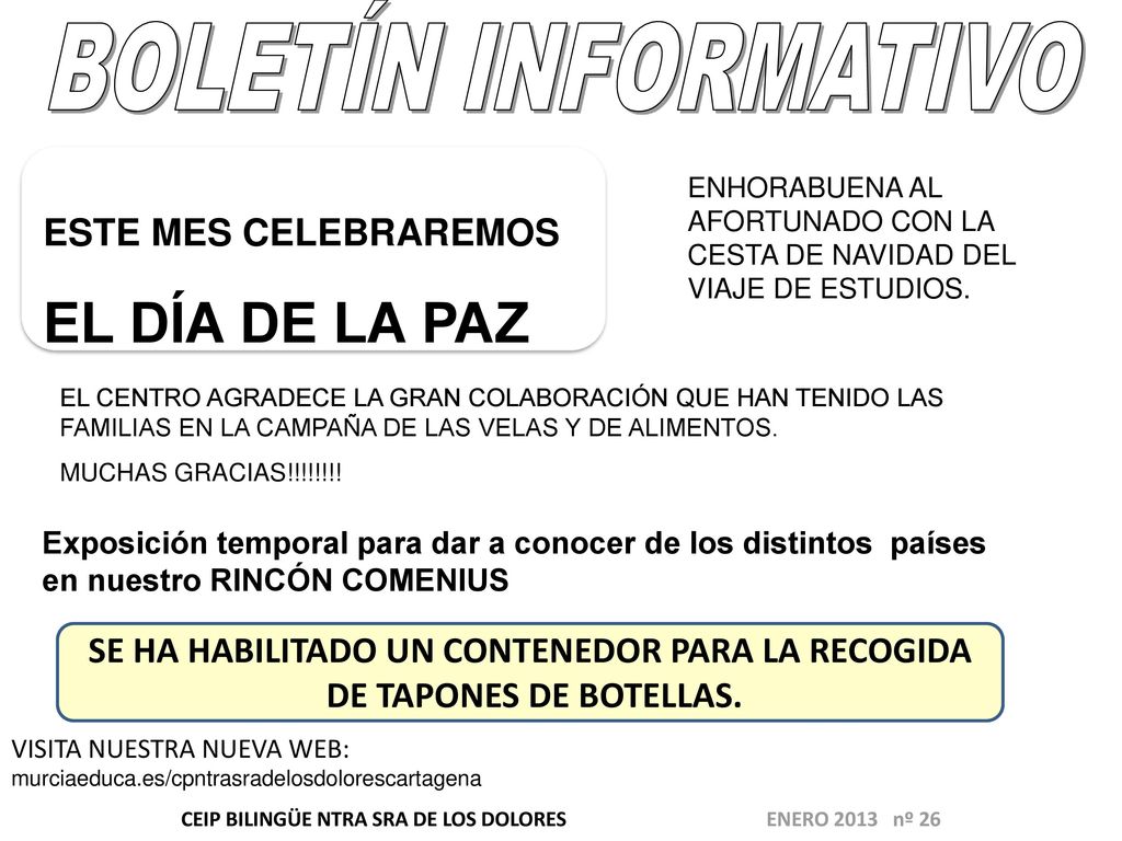 BOLETÍN INFORMATIVO EL DÍA DE LA PAZ ESTE MES CELEBRAREMOS