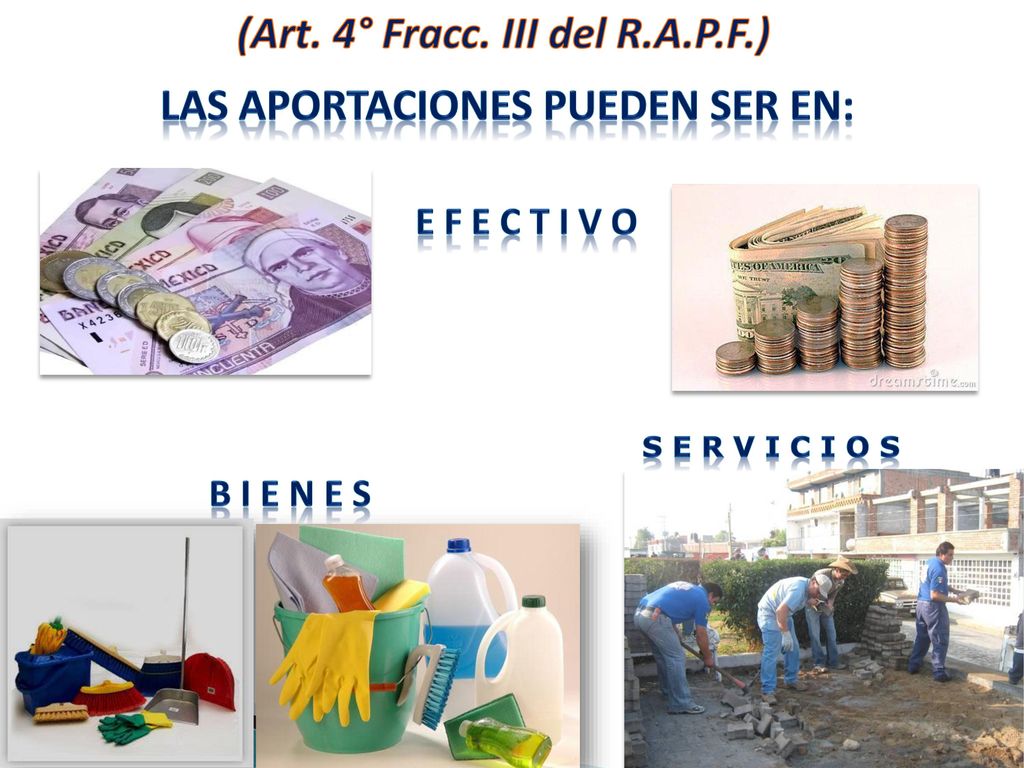 (Art. 4° Fracc. III del R.A.P.F.) LAS APORTACIONES PUEDEN SER EN:
