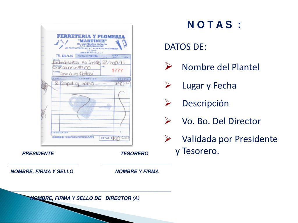Nombre del Plantel N O T A S : DATOS DE: Lugar y Fecha Descripción