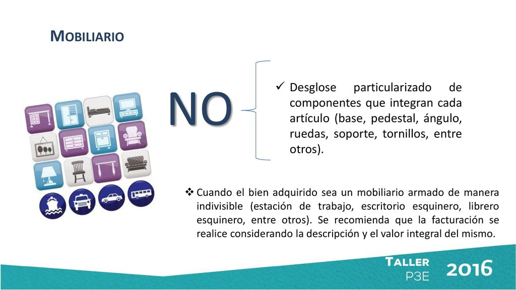 Mobiliario NO. Desglose particularizado de componentes que integran cada artículo (base, pedestal, ángulo, ruedas, soporte, tornillos, entre otros).