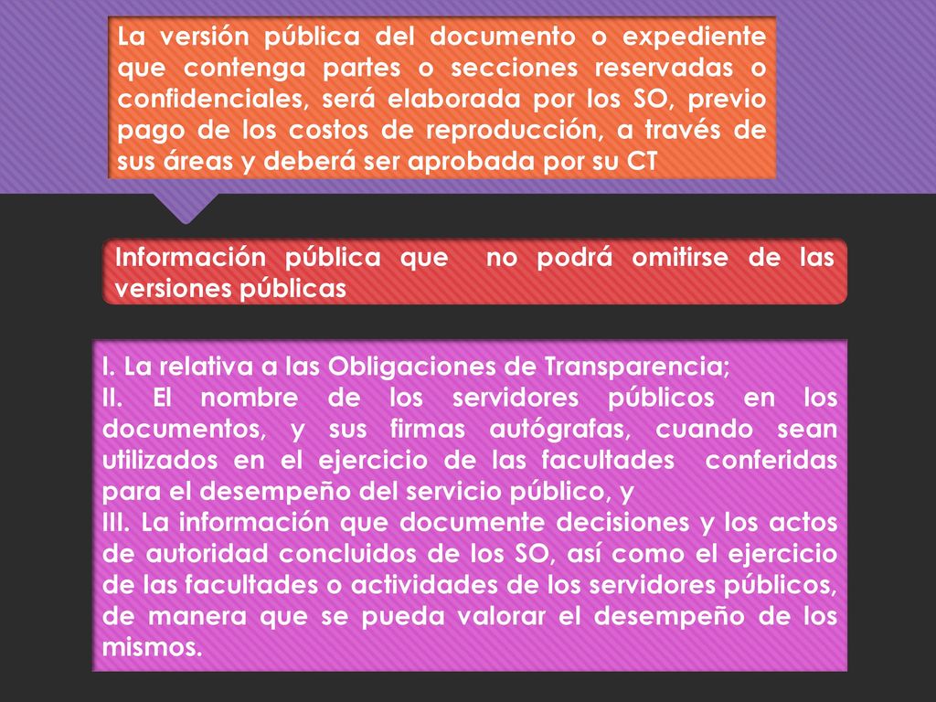 La versión pública del documento o expediente que contenga partes o secciones reservadas o confidenciales, será elaborada por los SO, previo pago de los costos de reproducción, a través de sus áreas y deberá ser aprobada por su CT