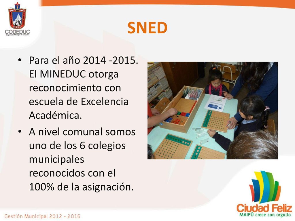 SNED Para el año El MINEDUC otorga reconocimiento con escuela de Excelencia Académica.