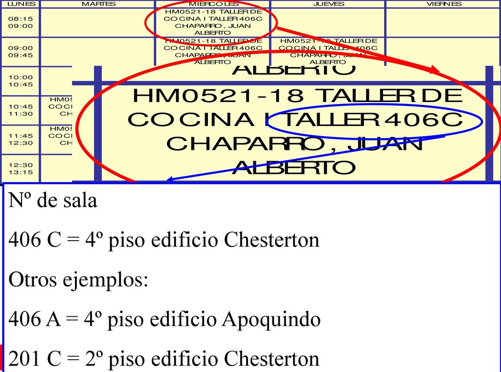 Nº de sala 406 C = 4º piso edificio Chesterton. Otros ejemplos: 406 A = 4º piso edificio Apoquindo.