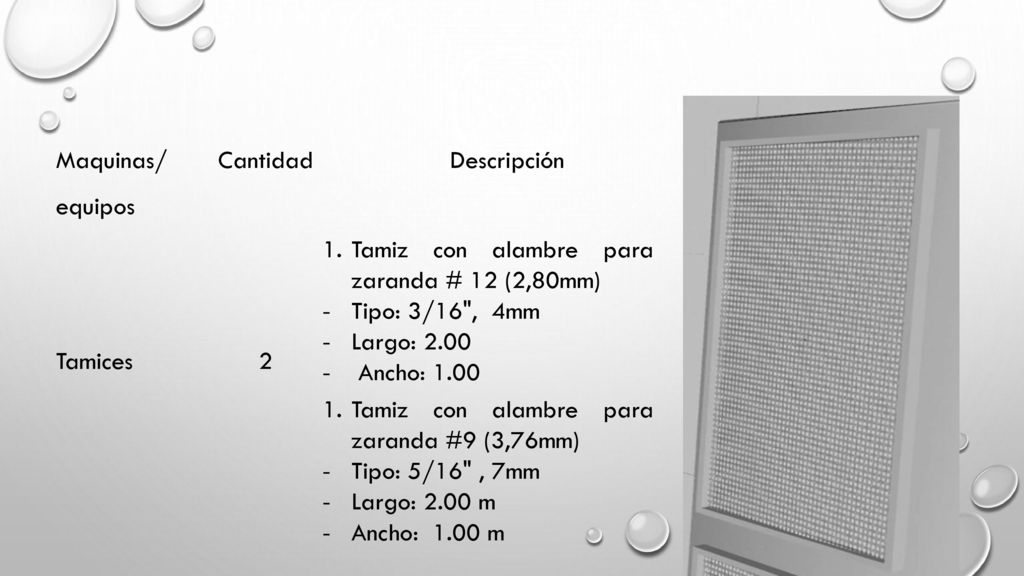 Maquinas/ equipos Cantidad. Descripción. Tamices. 2. Tamiz con alambre para zaranda # 12 (2,80mm)