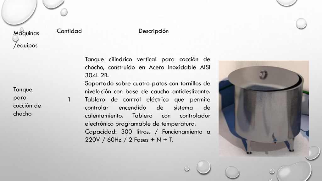 Maquinas /equipos Cantidad. Descripción. Tanque para cocción de chocho. 1.