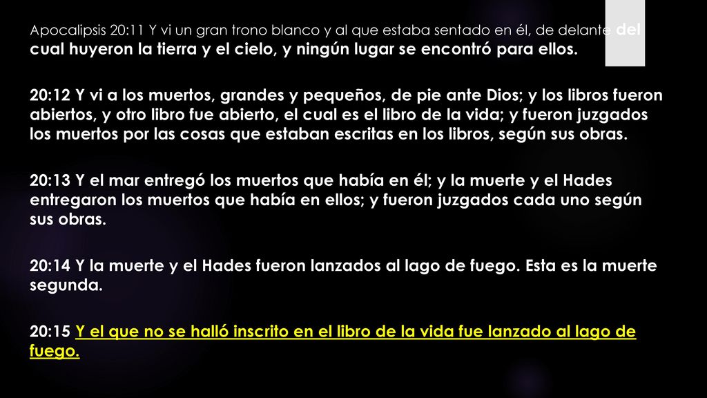 Apocalipsis 20:11 Y vi un gran trono blanco y al que estaba sentado en él, de delante del cual huyeron la tierra y el cielo, y ningún lugar se encontró para ellos.