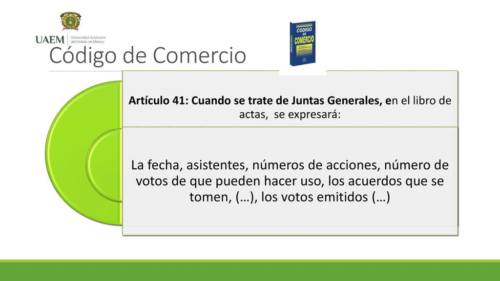 Código de Comercio Artículo 41: Cuando se trate de Juntas Generales, en el libro de actas, se expresará: