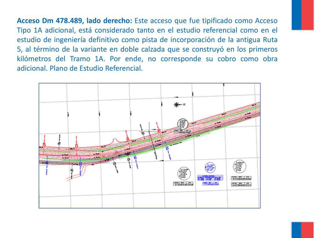 Acceso Dm , lado derecho: Este acceso que fue tipificado como Acceso Tipo 1A adicional, está considerado tanto en el estudio referencial como en el estudio de ingeniería definitivo como pista de incorporación de la antigua Ruta 5, al término de la variante en doble calzada que se construyó en los primeros kilómetros del Tramo 1A.