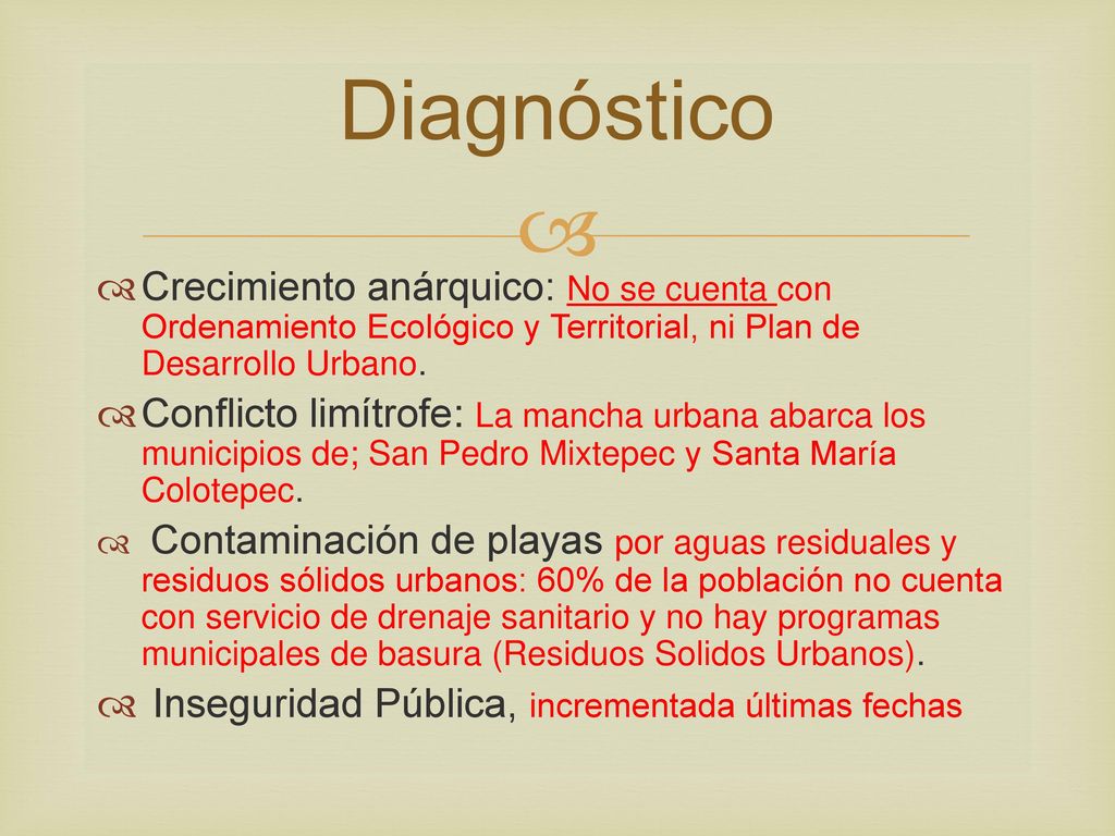 Diagnóstico Crecimiento anárquico: No se cuenta con Ordenamiento Ecológico y Territorial, ni Plan de Desarrollo Urbano.