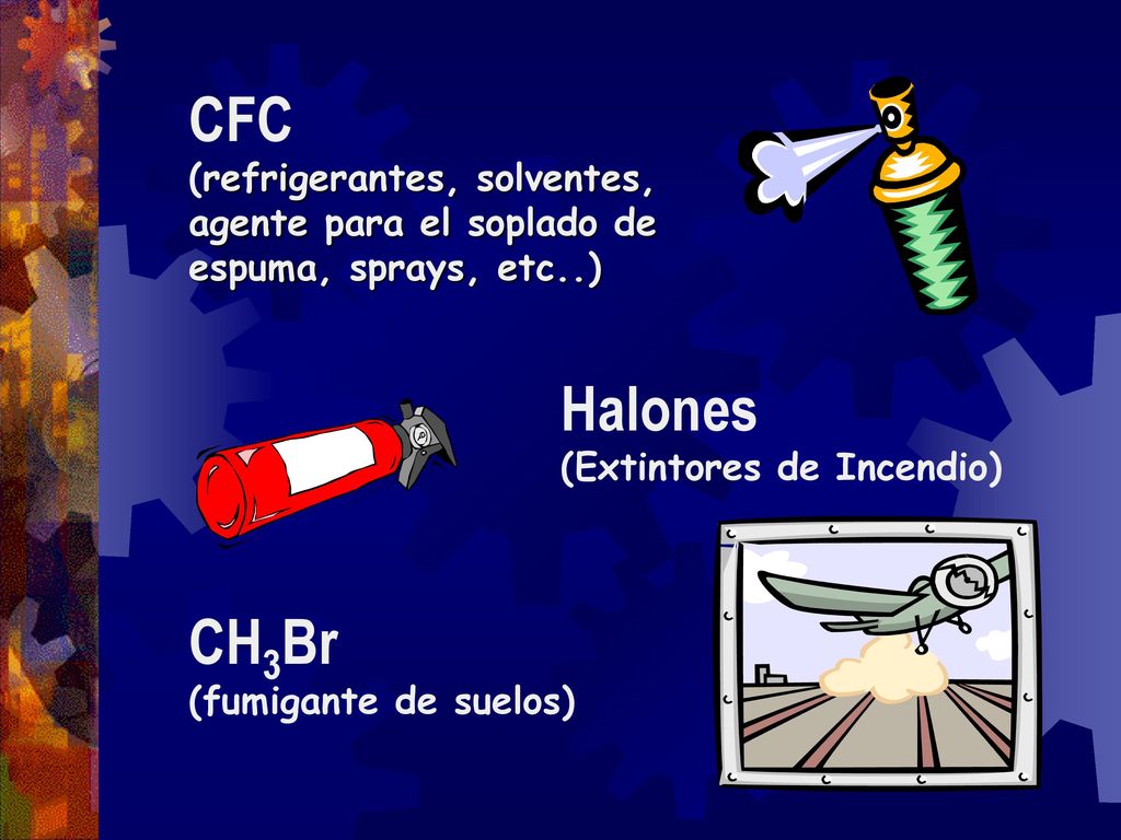 CFC (refrigerantes, solventes, agente para el soplado de espuma, sprays, etc..) Halones. (Extintores de Incendio)