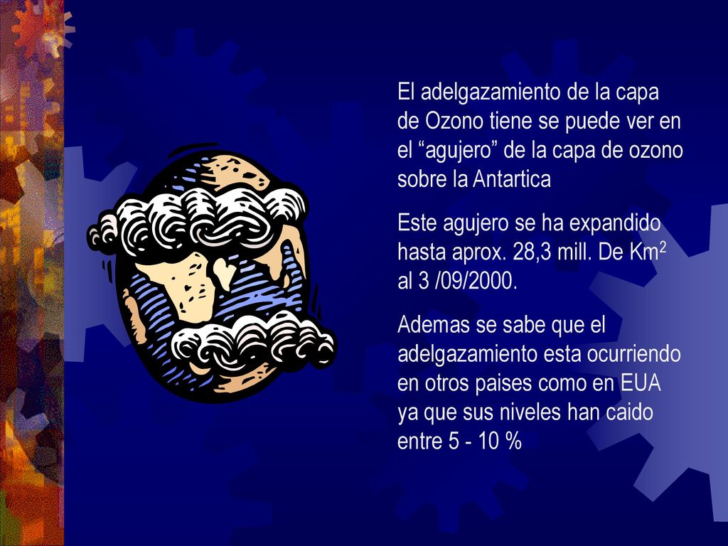 El adelgazamiento de la capa de Ozono tiene se puede ver en el agujero de la capa de ozono sobre la Antartica