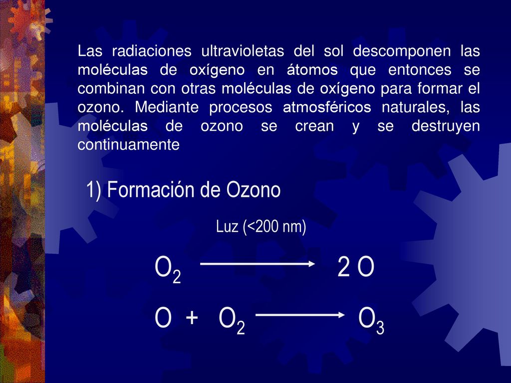 O2 2 O O + O2 O3 1) Formación de Ozono Luz (<200 nm)