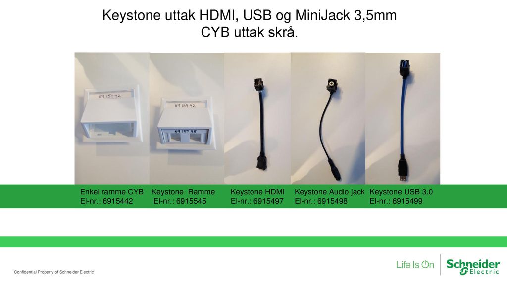 Keystone uttak HDMI, USB og MiniJack 3,5mm CYB uttak skrå.