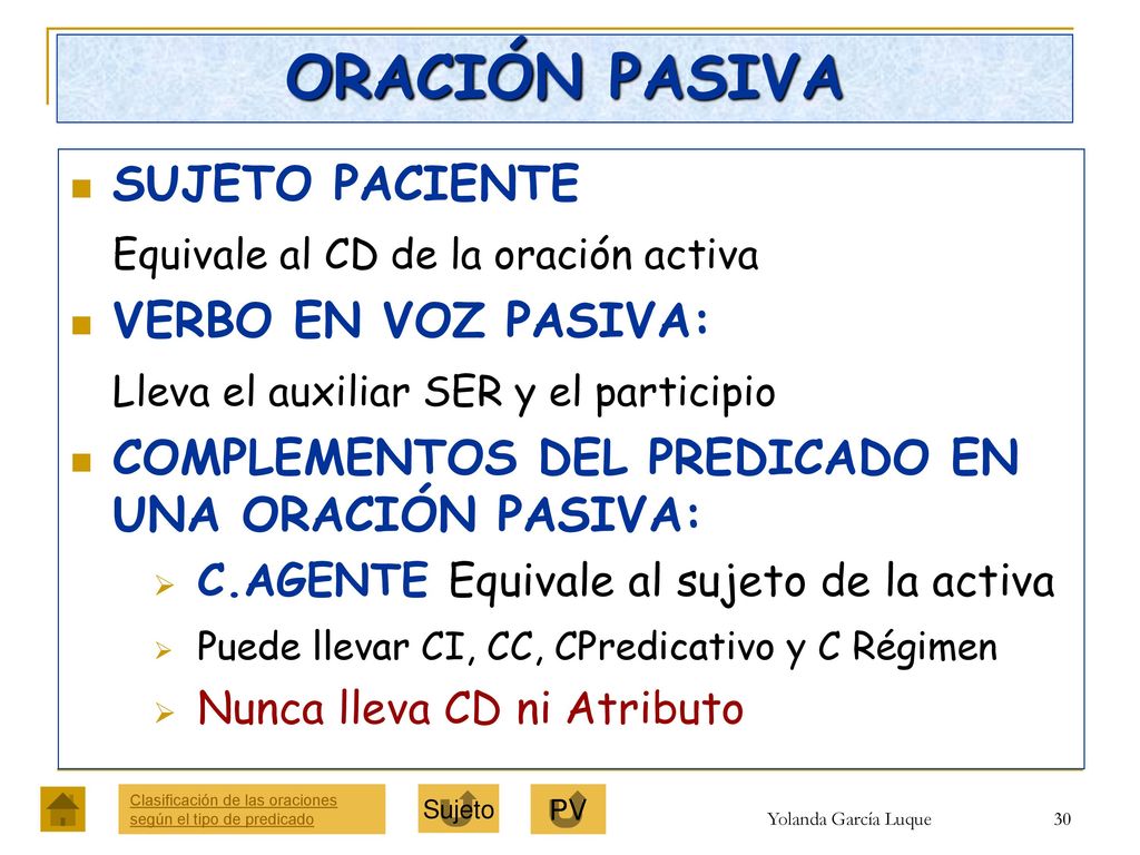 ORACIÓN PASIVA SUJETO PACIENTE Equivale al CD de la oración activa