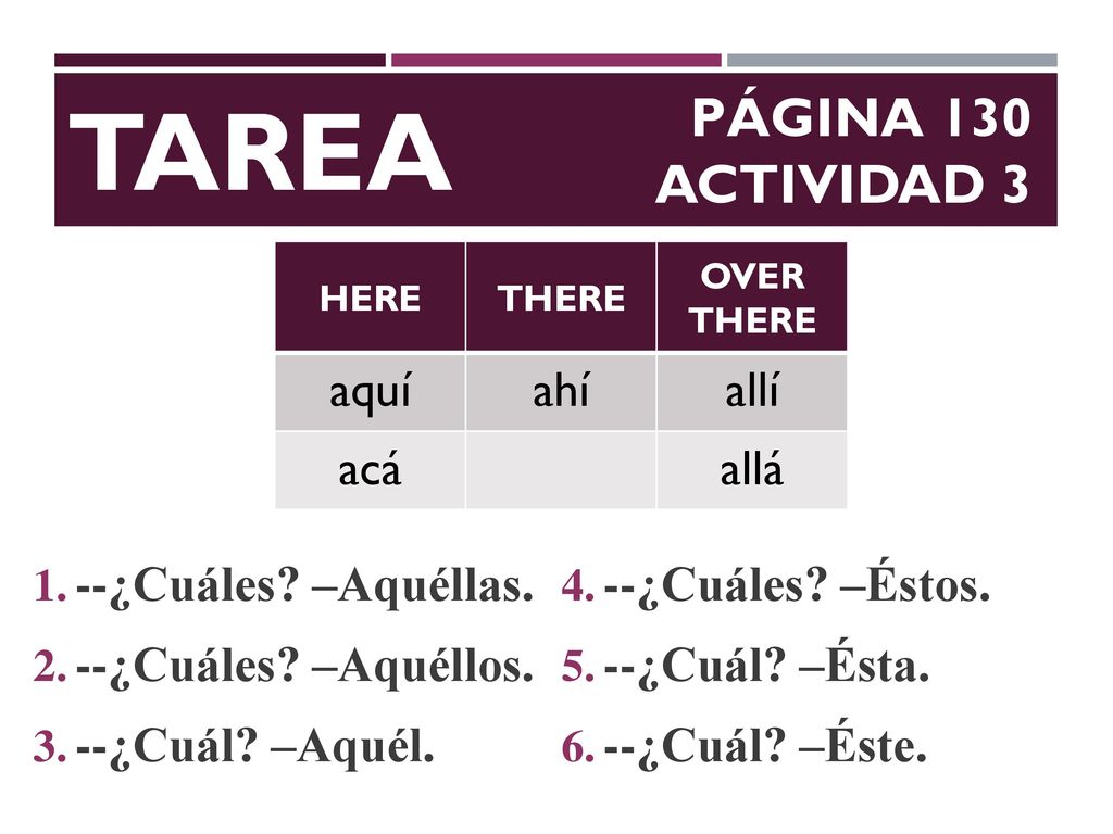 TAREA Página 130 Actividad 3 aquí ahí allí acá allá