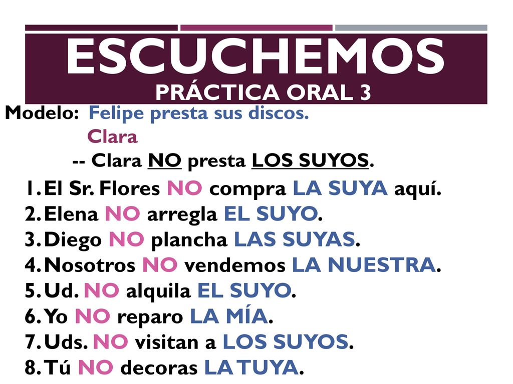 escuchemos PRáCTICA ORAL 3 El Sr. Flores NO compra LA SUYA aquí.
