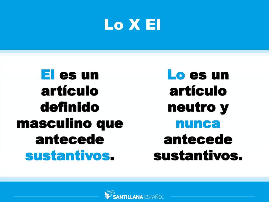 Lo X El El es un artículo definido masculino que antecede sustantivos.