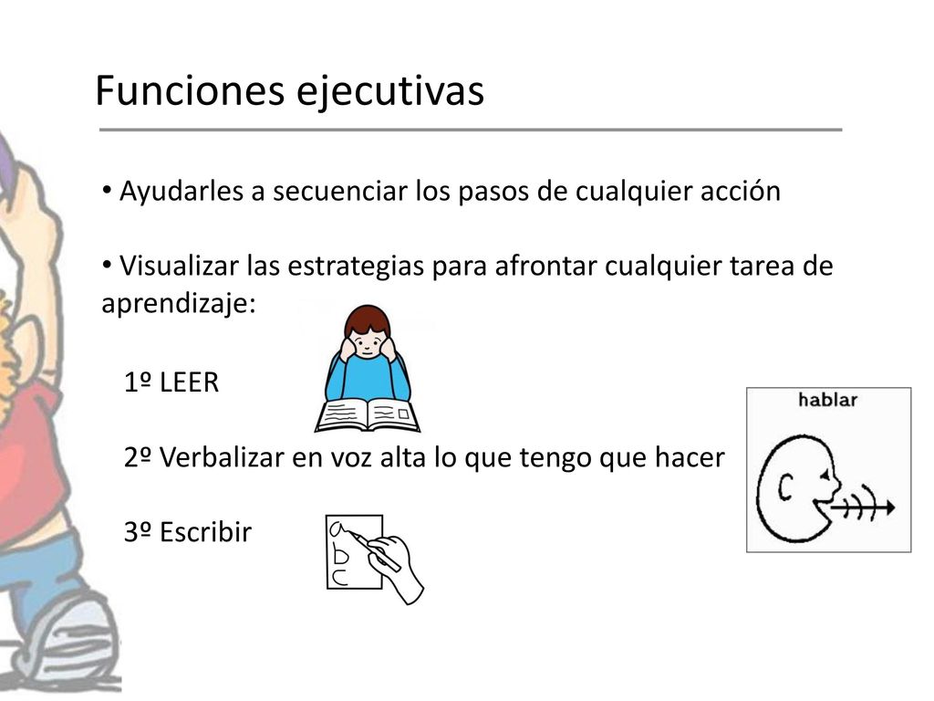 Funciones ejecutivas Ayudarles a secuenciar los pasos de cualquier acción. Visualizar las estrategias para afrontar cualquier tarea de aprendizaje: