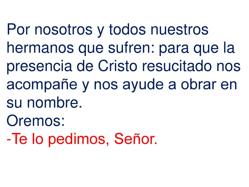 Por nosotros y todos nuestros hermanos que sufren: para que la presencia de Cristo resucitado nos acompañe y nos ayude a obrar en su nombre.
