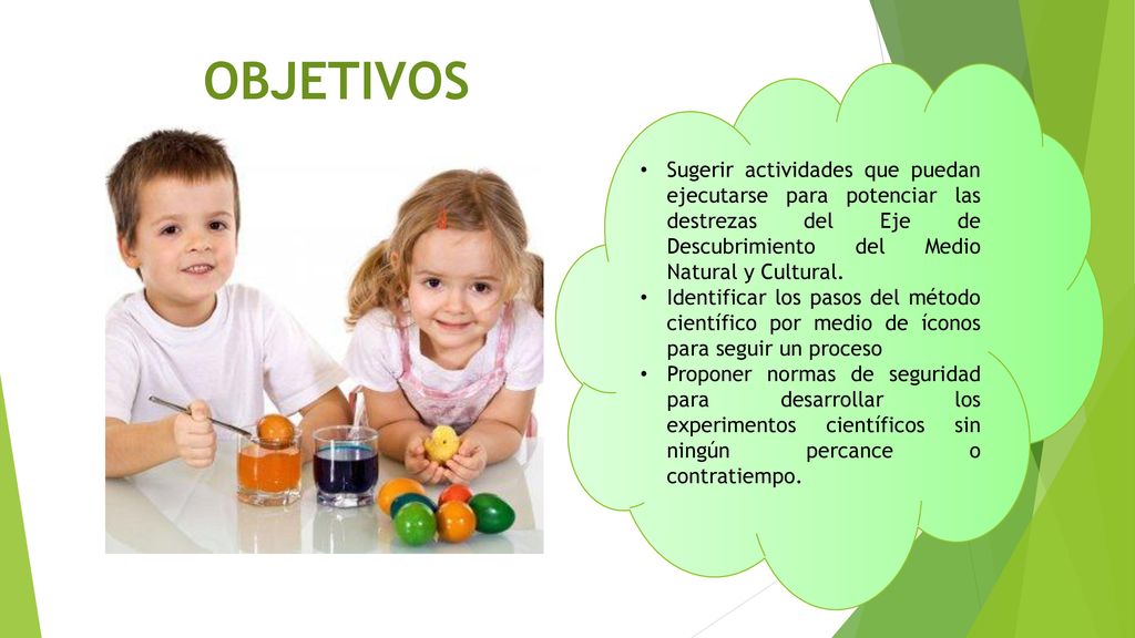 OBJETIVOS Sugerir actividades que puedan ejecutarse para potenciar las destrezas del Eje de Descubrimiento del Medio Natural y Cultural.