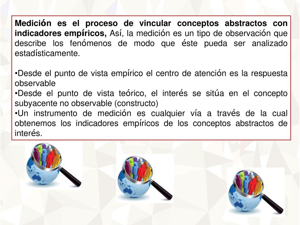 Medición es el proceso de vincular conceptos abstractos con indicadores empíricos, Así, la medición es un tipo de observación que describe los fenómenos de modo que éste pueda ser analizado estadísticamente.