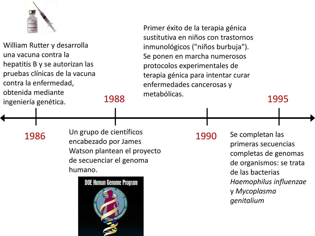 Primer éxito de la terapia génica sustitutiva en niños con trastornos inmunológicos ( niños burbuja ). Se ponen en marcha numerosos protocolos experimentales de terapia génica para intentar curar enfermedades cancerosas y metabólicas.