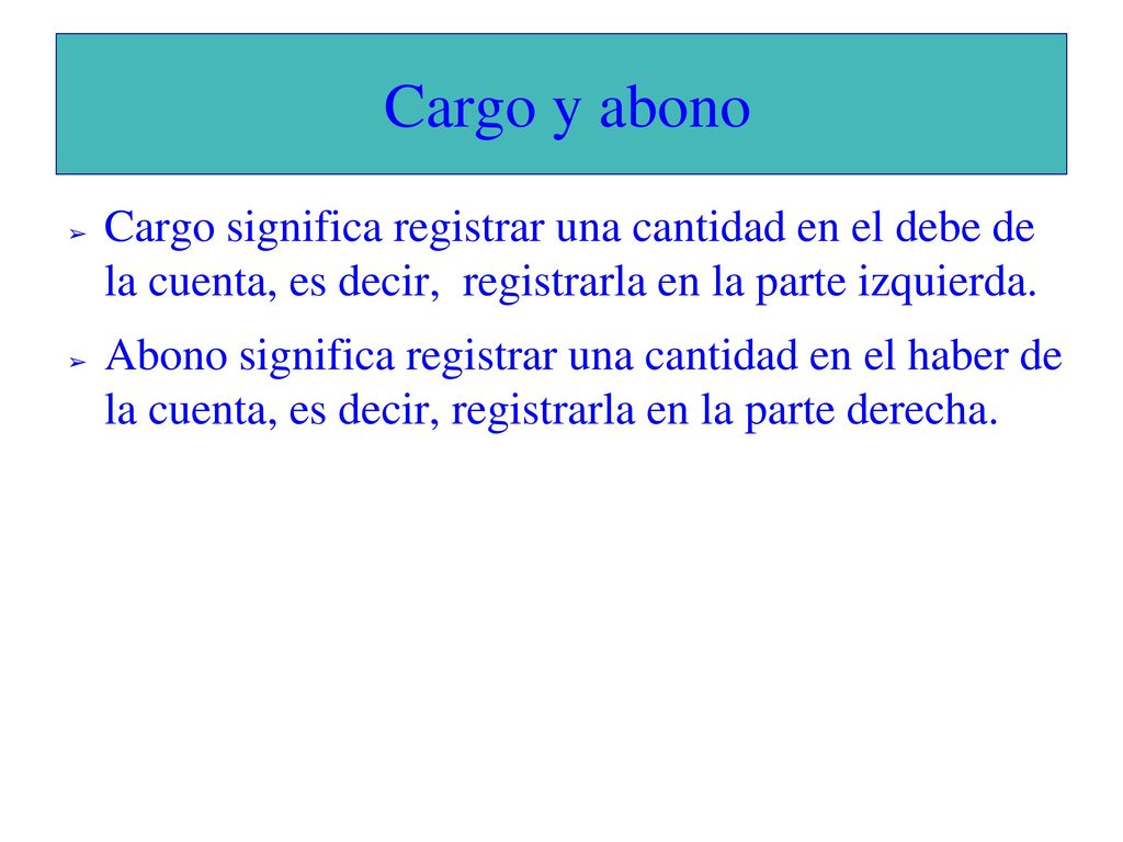 Cargo y abono Cargo significa registrar una cantidad en el debe de la cuenta, es decir, registrarla en la parte izquierda.
