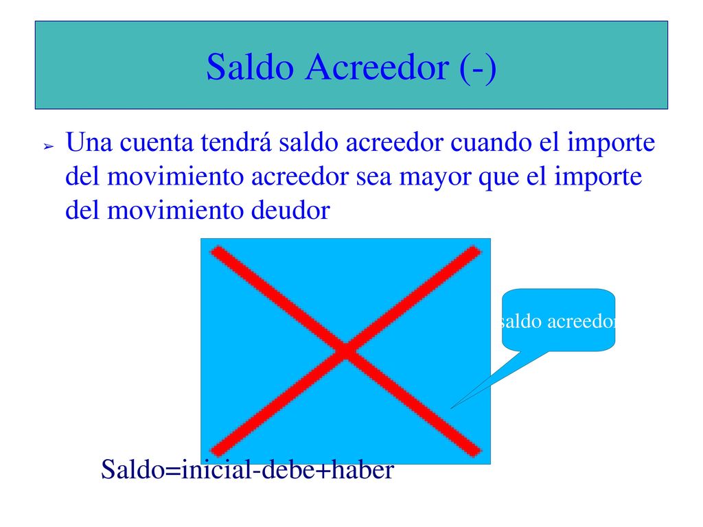 Saldo Acreedor (-) Una cuenta tendrá saldo acreedor cuando el importe del movimiento acreedor sea mayor que el importe del movimiento deudor.