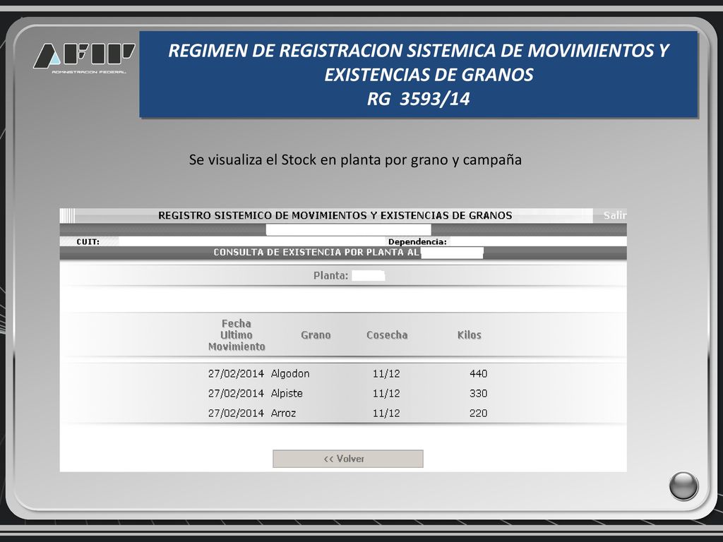 Se visualiza el Stock en planta por grano y campaña