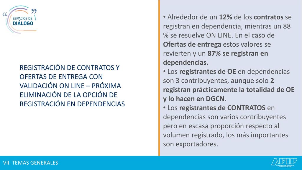 Alrededor de un 12% de los contratos se registran en dependencia, mientras un 88 % se resuelve ON LINE. En el caso de Ofertas de entrega estos valores se revierten y un 87% se registran en dependencias.