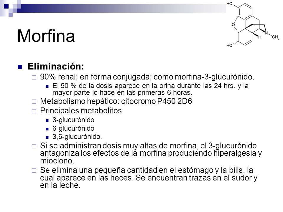 Morfina Eliminación: 90% renal; en forma conjugada; como morfina-3-glucurónido.