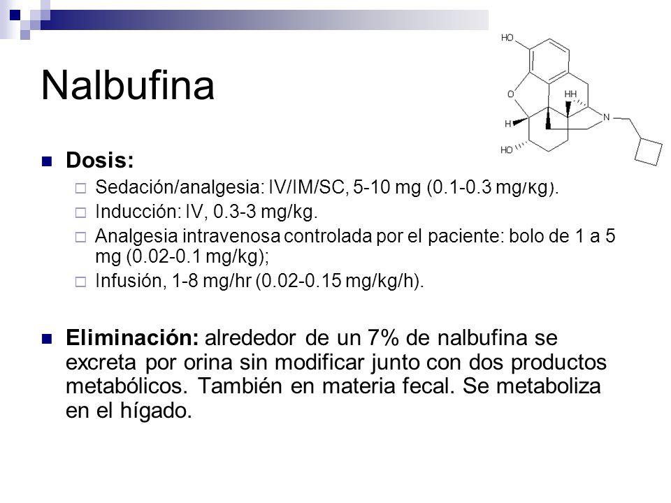 Nalbufina Dosis: Sedación/analgesia: IV/IM/SC, 5-10 mg ( mg/kg). Inducción: IV, mg/kg.