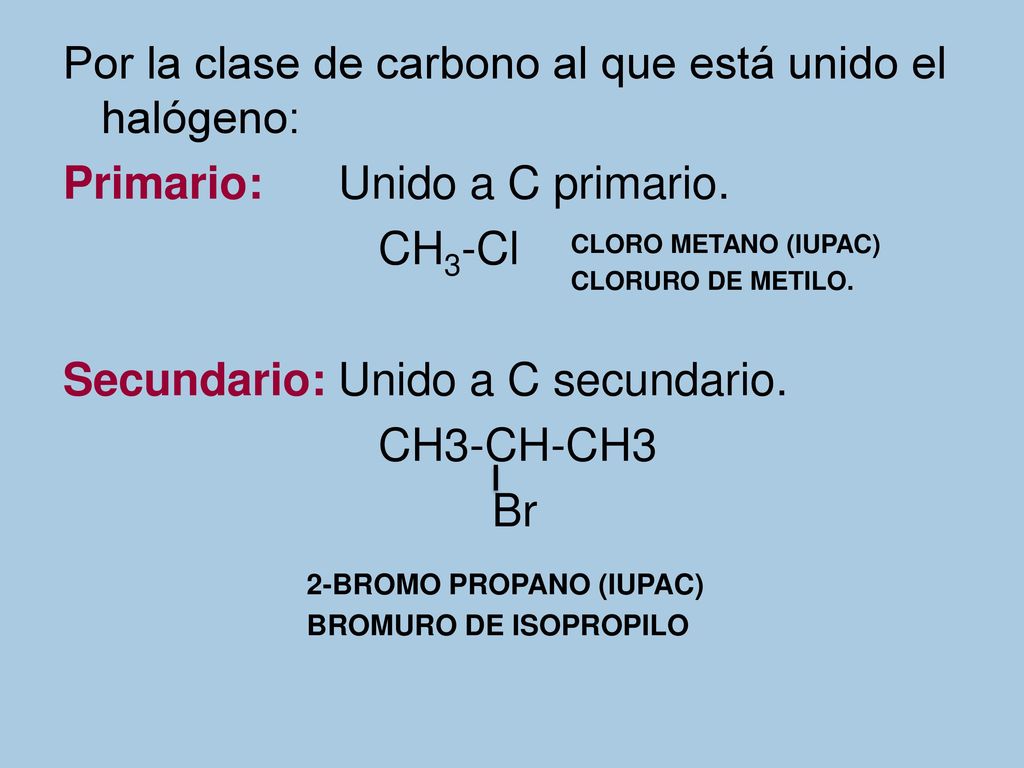 Por la clase de carbono al que está unido el halógeno: