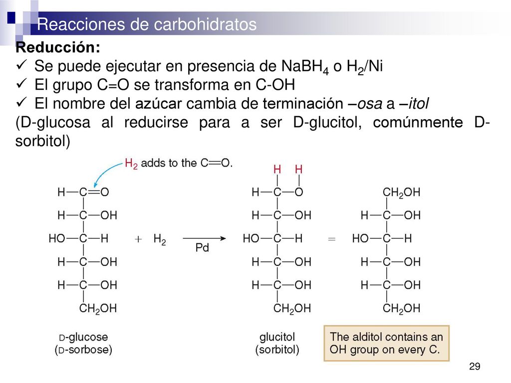 Reducción: Se puede ejecutar en presencia de NaBH4 o H2/Ni. El grupo C=O se transforma en C-OH.