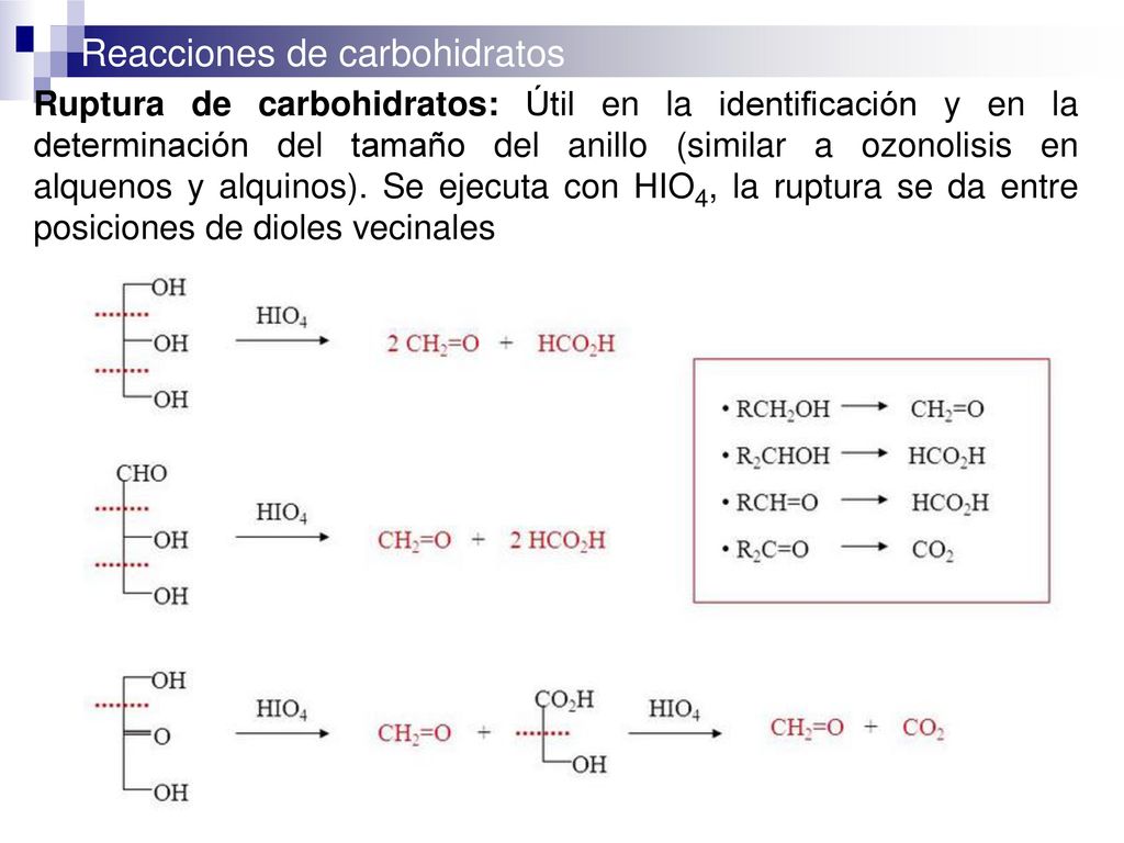 Ruptura de carbohidratos: Útil en la identificación y en la determinación del tamaño del anillo (similar a ozonolisis en alquenos y alquinos).