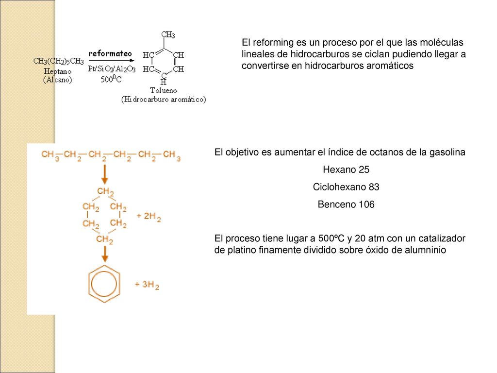 El reforming es un proceso por el que las moléculas lineales de hidrocarburos se ciclan pudiendo llegar a convertirse en hidrocarburos aromáticos
