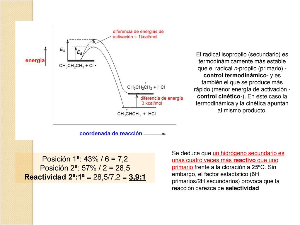 El radical isopropilo (secundario) es termodinámicamente más estable que el radical n-propilo (primario) -control termodinámico- y es también el que se produce más rápido (menor energía de activación -control cinético-). En este caso la termodinámica y la cinética apuntan al mismo producto.