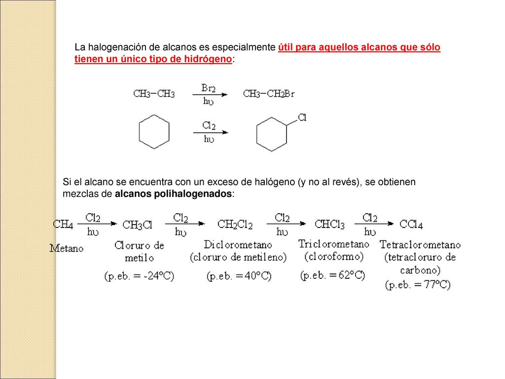 La halogenación de alcanos es especialmente útil para aquellos alcanos que sólo tienen un único tipo de hidrógeno: