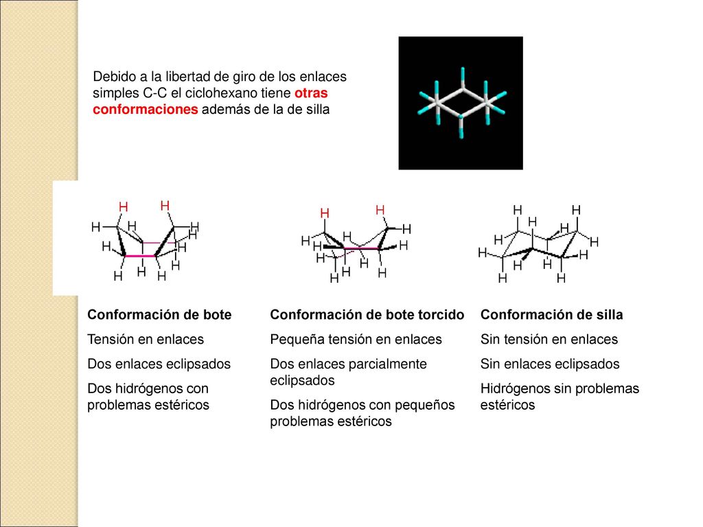 Debido a la libertad de giro de los enlaces simples C-C el ciclohexano tiene otras conformaciones además de la de silla