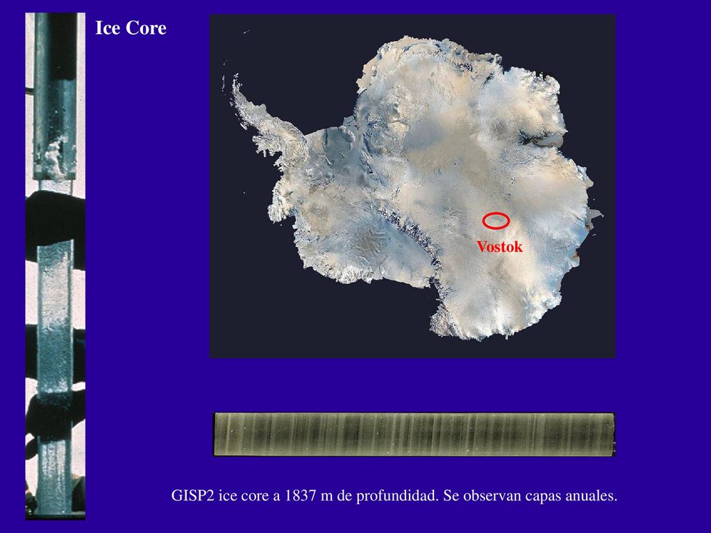 Ice Core Vostok GISP2 ice core a 1837 m de profundidad. Se observan capas anuales.