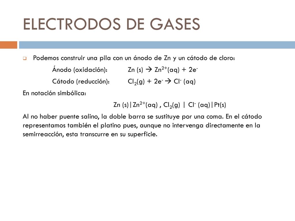 ELECTRODOS DE GASES Podemos construir una pila con un ánodo de Zn y un cátodo de cloro: Ánodo (oxidación): Zn (s)  Zn2+(aq) + 2e-