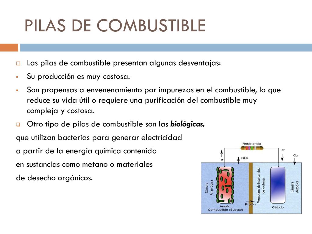 PILAS DE COMBUSTIBLE Las pilas de combustible presentan algunas desventajas: Su producción es muy costosa.